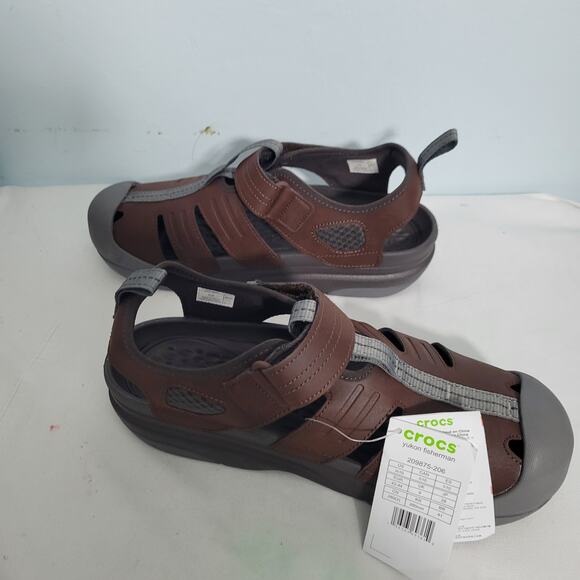 Crocs Men Yukon Fisherman Sandals In Brown Faux Leather Size 10 NEW 12426-2835